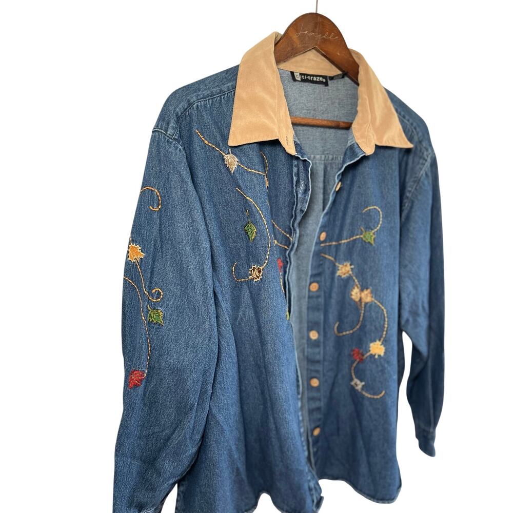 Vintage 90s Embroidered Autumn Fall Leaves Denim Shirt Cottagecore Plus Size 2X